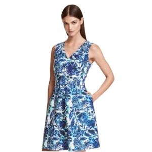 H&M Fit & Flare Blue White Floral Dress Sz 8 Cutout T-Back Slvlss Spring Summer